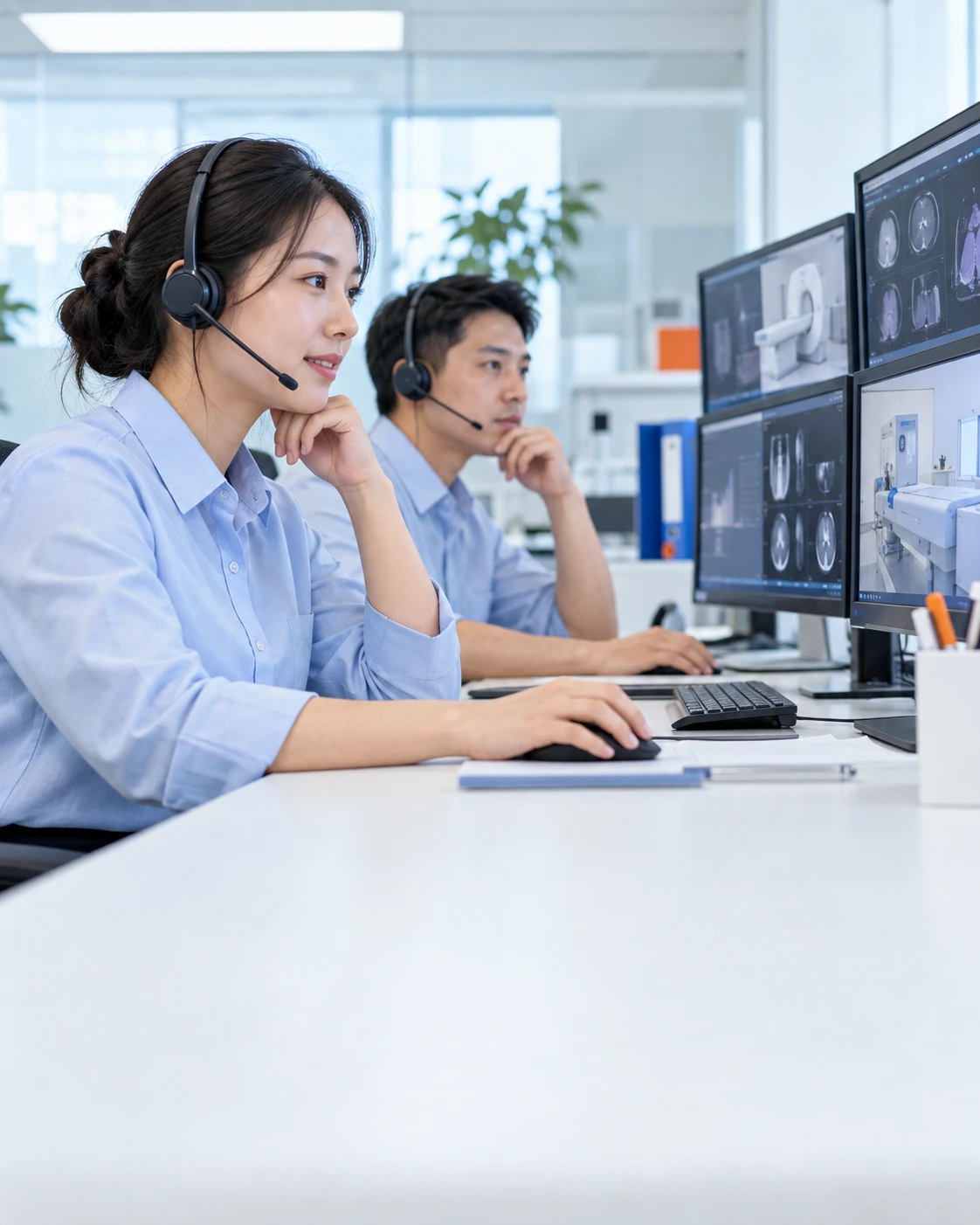 Illustration of remote medical equipment support by phone and online