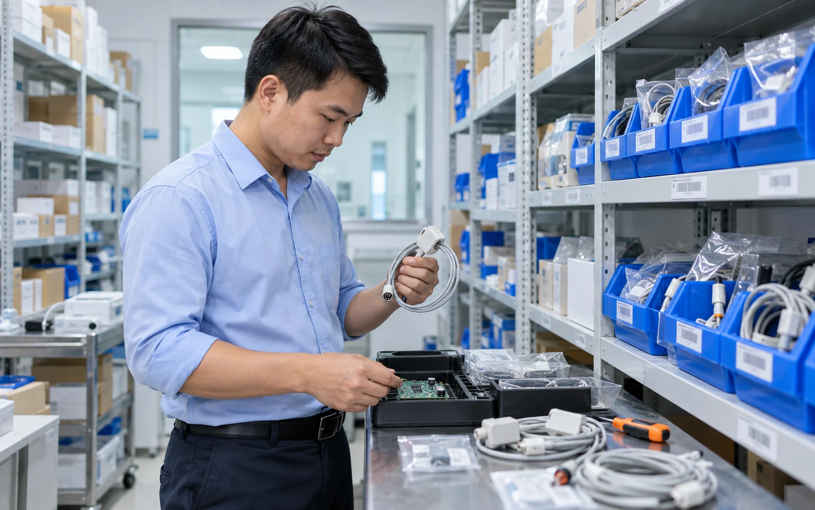 Illustration of a technician checking medical spare parts and supplies