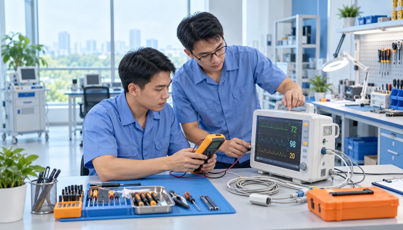 Illustration of engineers inspecting medical equipment
